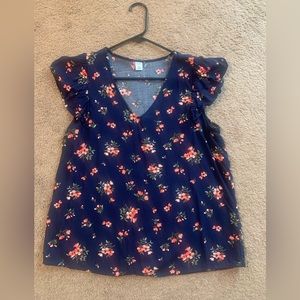 Floral flutter sleeve pintucked shirt